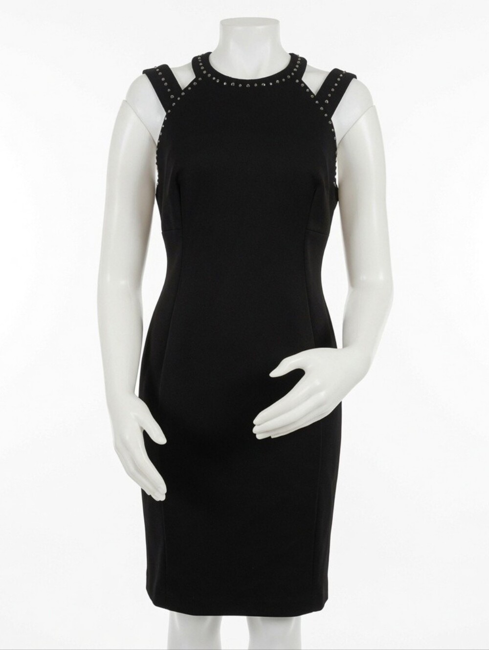 Calvin Klein Black Studded Cold Shoulder Halter Sheath Dress Size 8 LBD